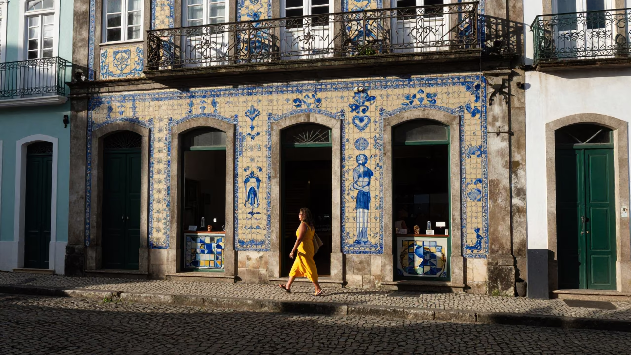 Busy Salvador Brazil Afternoon Street Scene with Colorful Tile Architecture and Local Life in in Salvador, Brazil