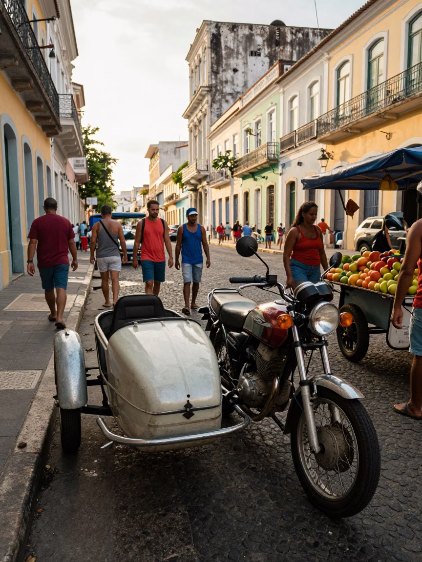 Busy Salvador Brazil Afternoon Street Scene with Vintage Motorcycle Sidecar and Melons in in Salvador, Brazil