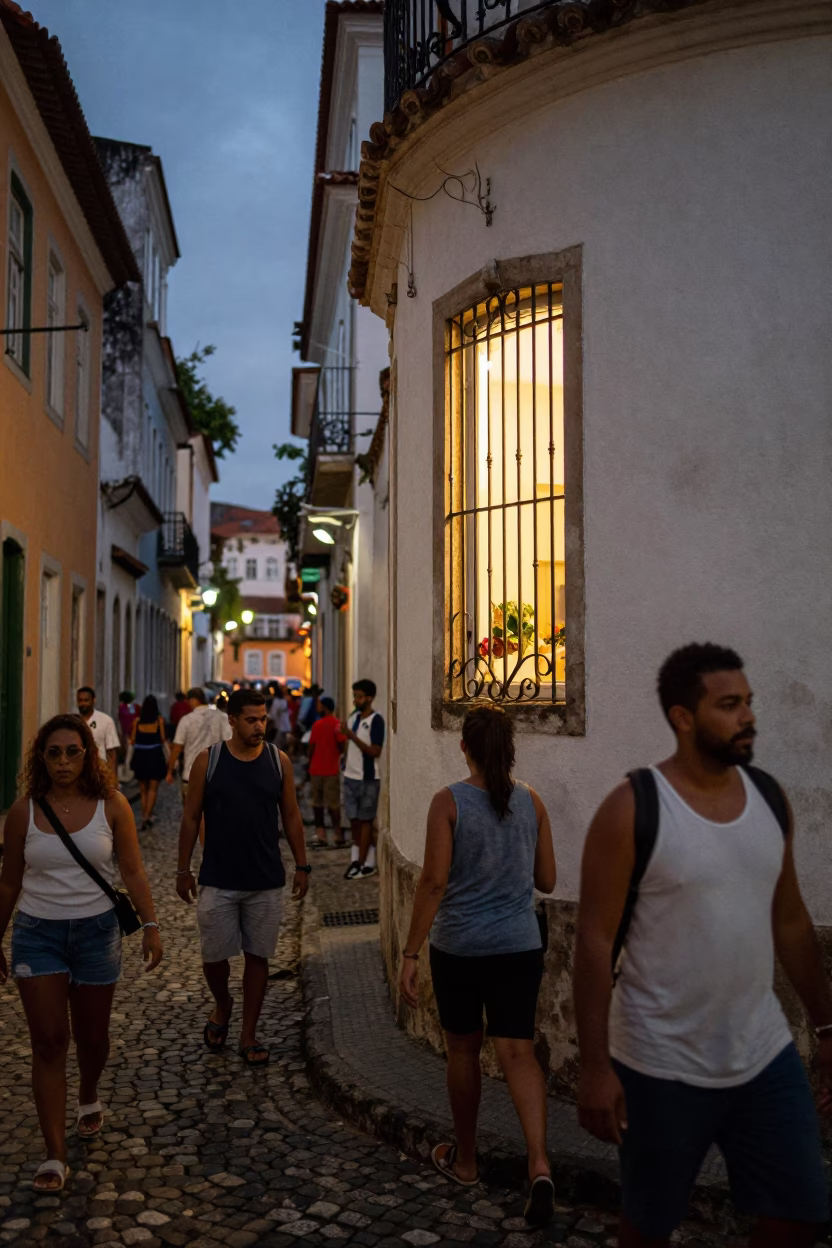 Busy Salvador Brazil Early Evening Street Scene with Window Light and Ceramic Plate in in Salvador, Brazil