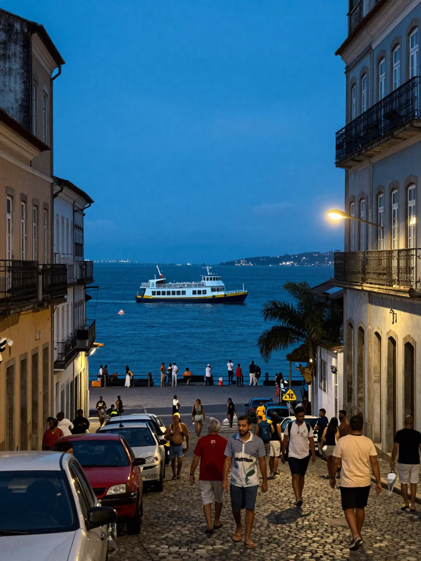 Busy Salvador Brazil Evening Street Scene with Chain Ferry and Urban Life in in Salvador, Brazil