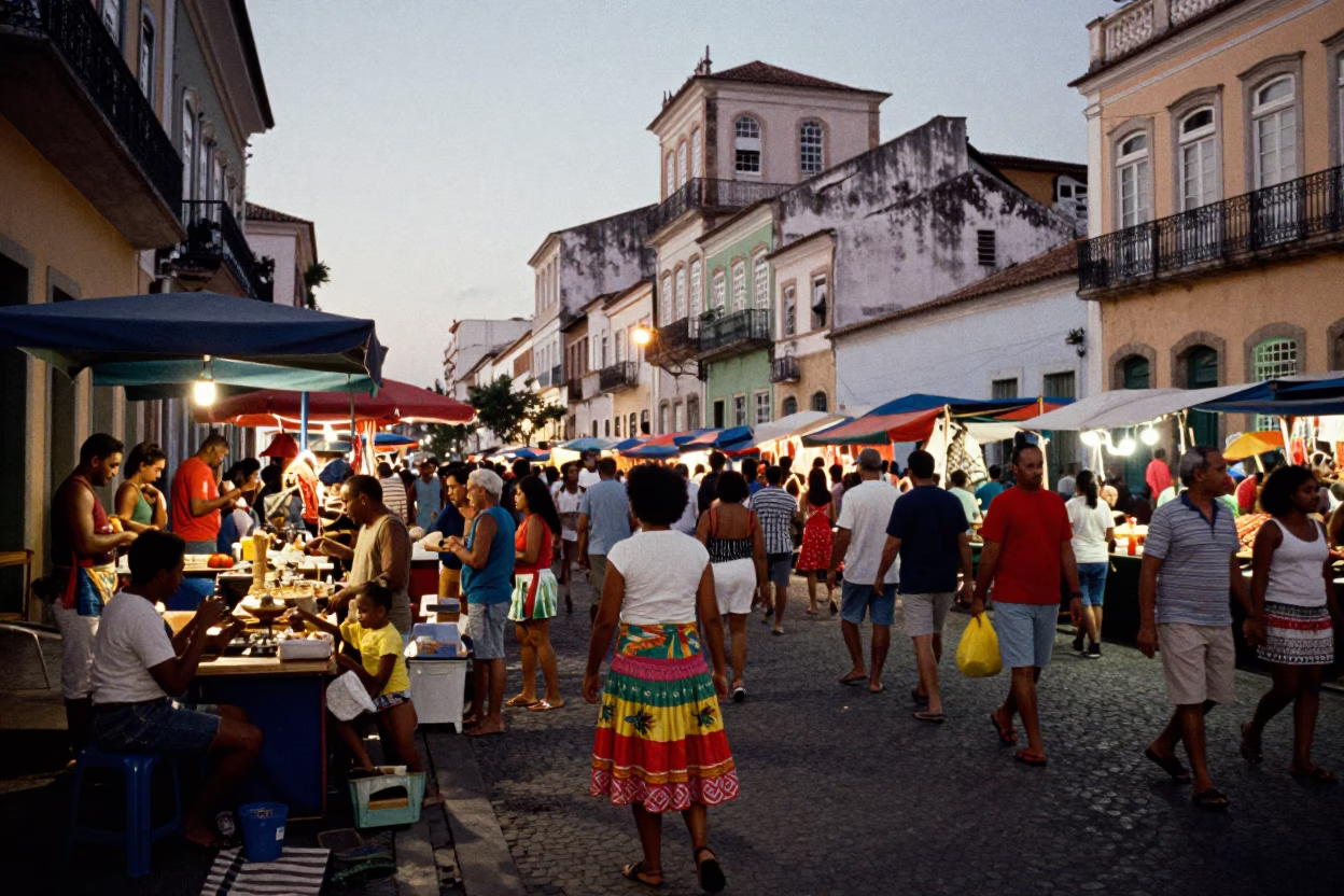 Busy Salvador Brazil Evening Street Scene with Local Market Activity and Daily Life Details in in Salvador, Brazil