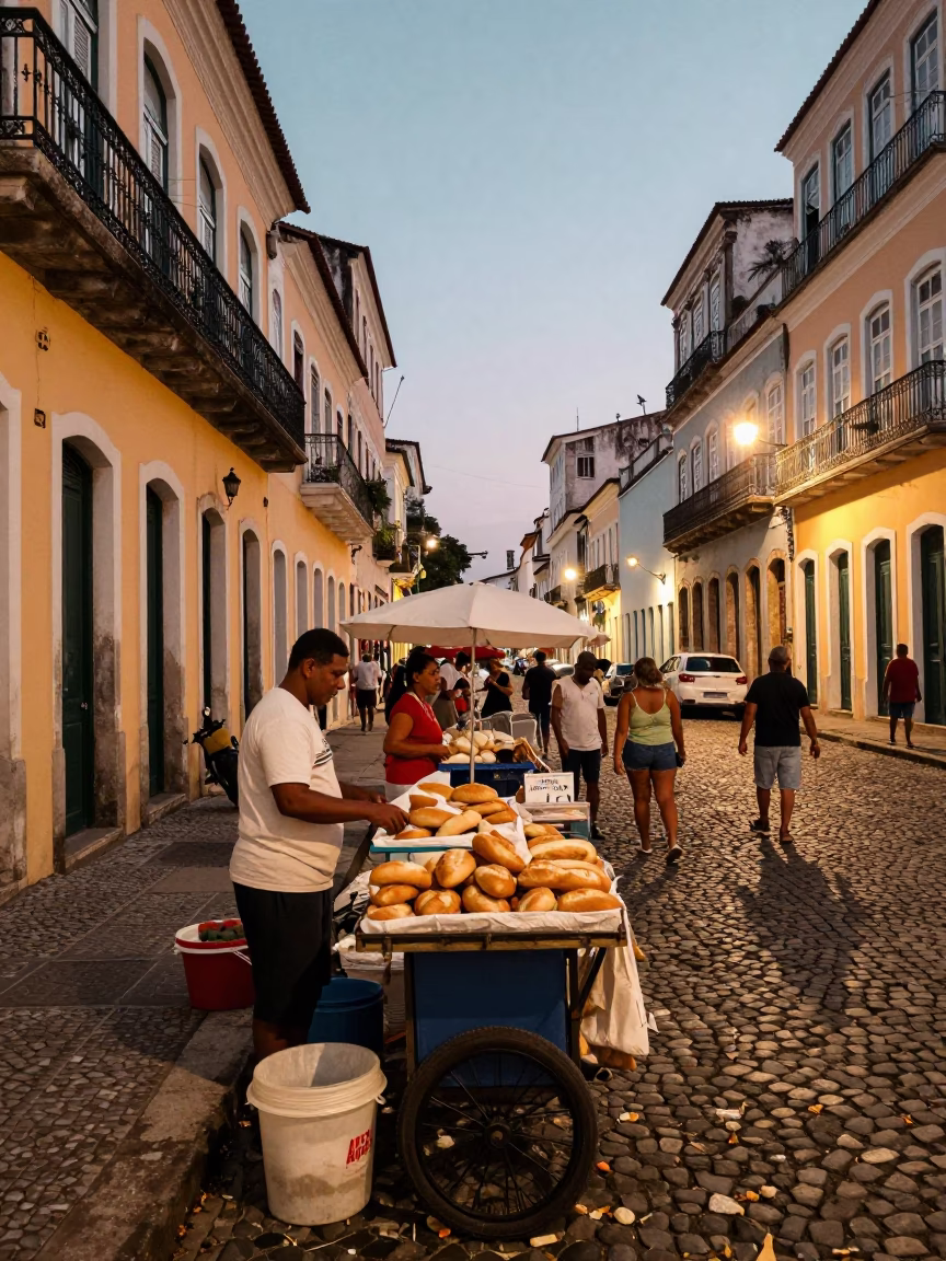 Busy Salvador Brazil Evening Street Scene with Local Vendors and Pedestrians in in Salvador, Brazil