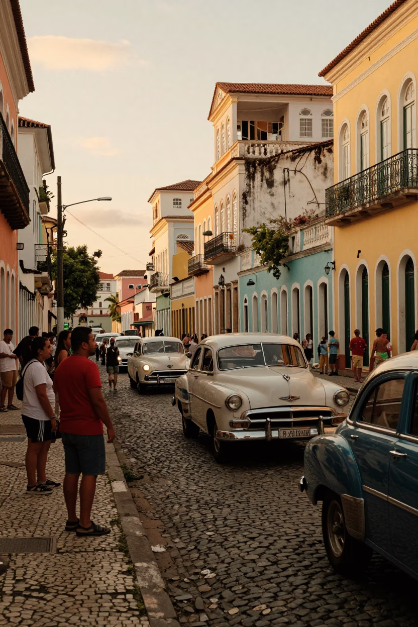 Busy Salvador Brazil Evening Street Scene with Vintage Car Rally and Apples in in Salvador, Brazil
