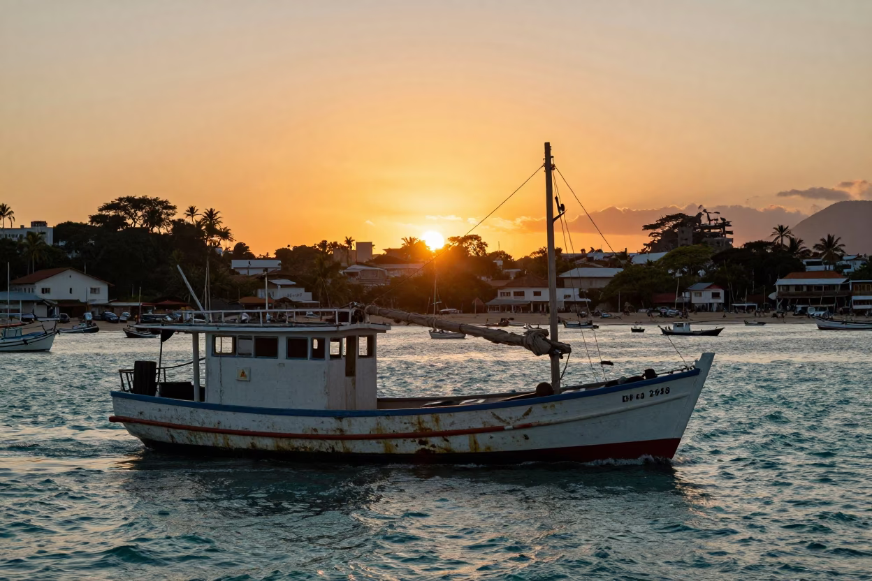 Busy Salvador Brazil Harbor at Sunset with Junk Boat and Rusting Wall in in Salvador, Brazil