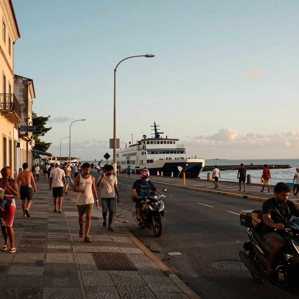 Busy Salvador Brazil Late Afternoon Street Scene with Ferry Ramp and Brushed Steel Doorframe in in Salvador, Brazil