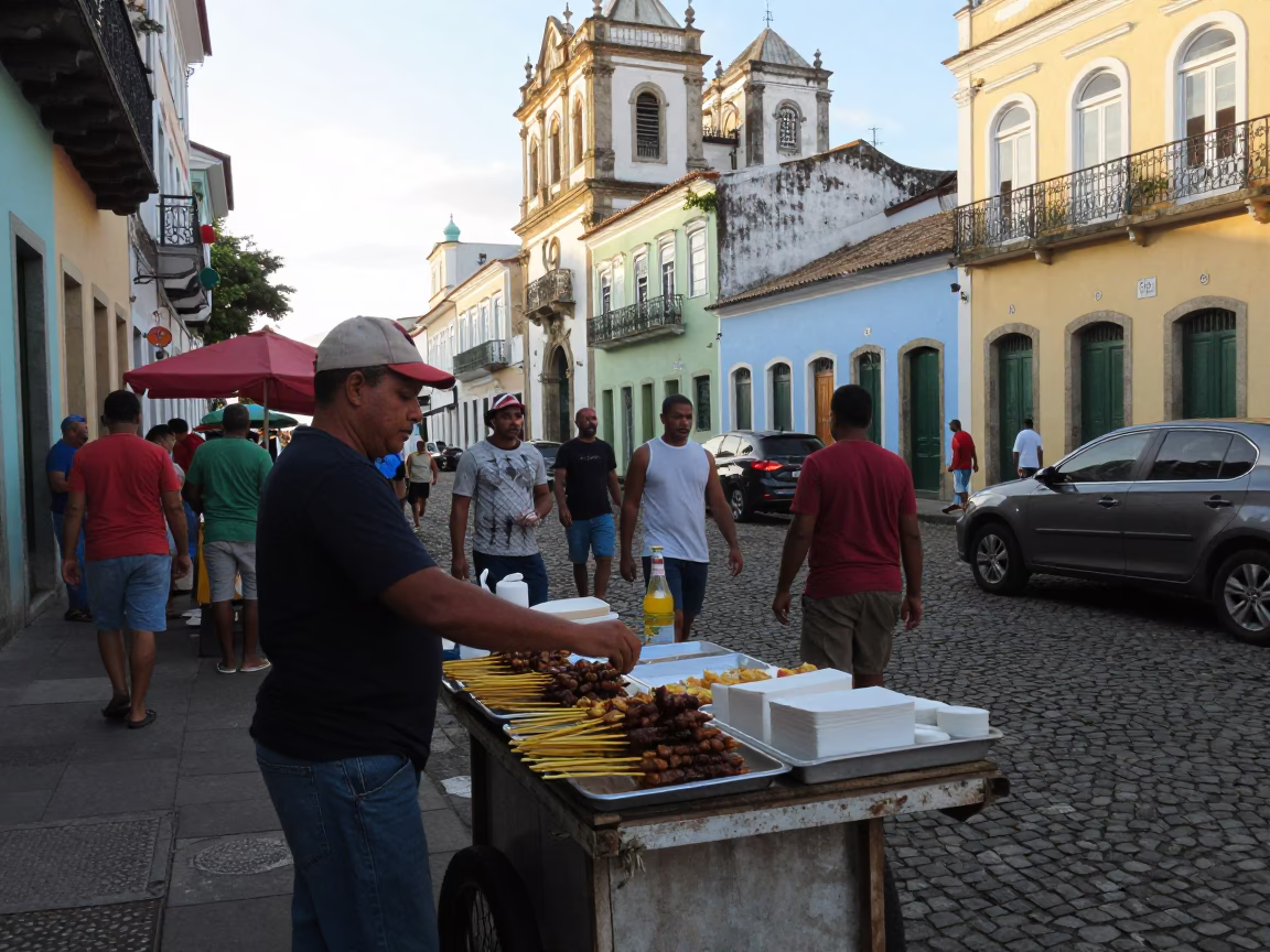 Busy Salvador Brazil Late Morning Street Scene with Local Food Vendor and Pedestrians in in Salvador, Brazil