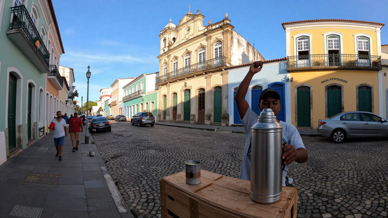 Busy Salvador Brazil Late Morning Street Scene with Thermos and Pin Tin in in Salvador, Brazil