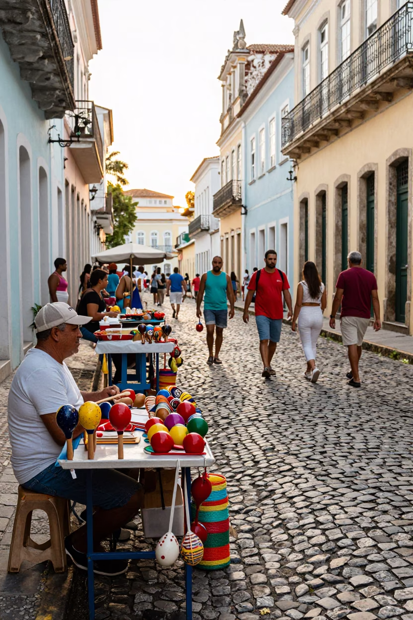 Busy Salvador Brazil Late Morning Street Scene with Traditional Maracas and Local Market Activity in in Salvador, Brazil