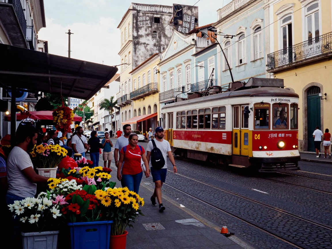 Busy Salvador Brazil Late Morning Street Scene with Tram and Market Activity in in Salvador, Brazil