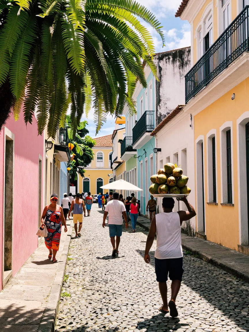 Busy Salvador Brazil Midday Street Scene with Staghorn Fern and Local Life in in Salvador, Brazil