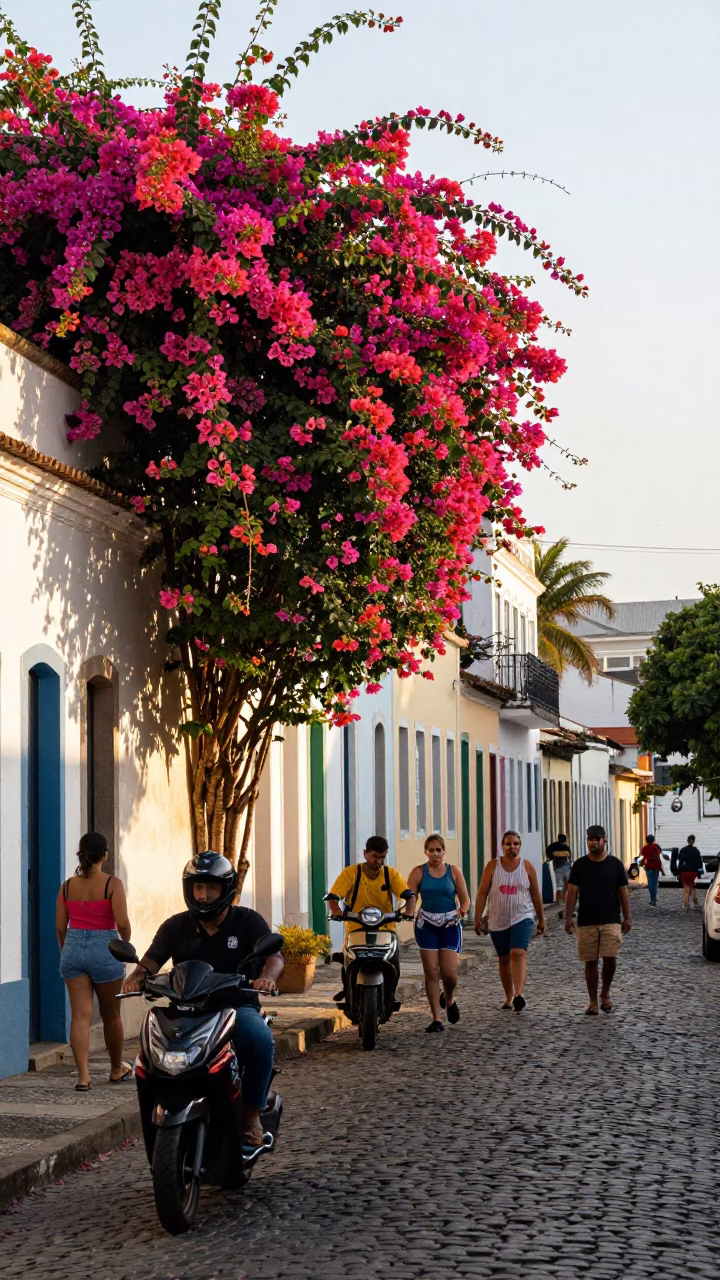 Busy Salvador Brazil Morning Street Scene with Colorful Bougainvillea and Local Life in in Salvador, Brazil