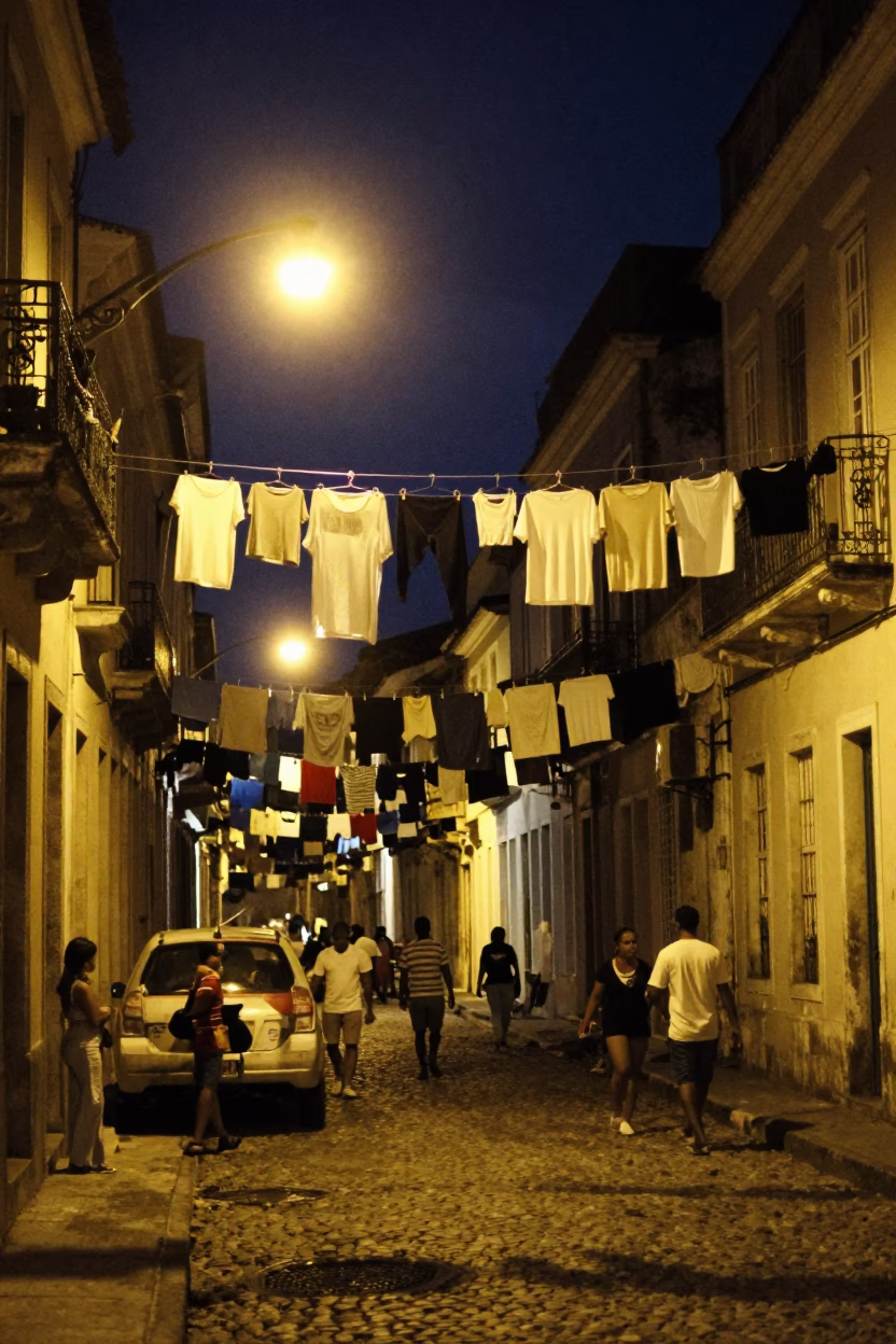 Busy Salvador Brazil Night Street Scene with Hanging Laundry and Local Life in in Salvador, Brazil