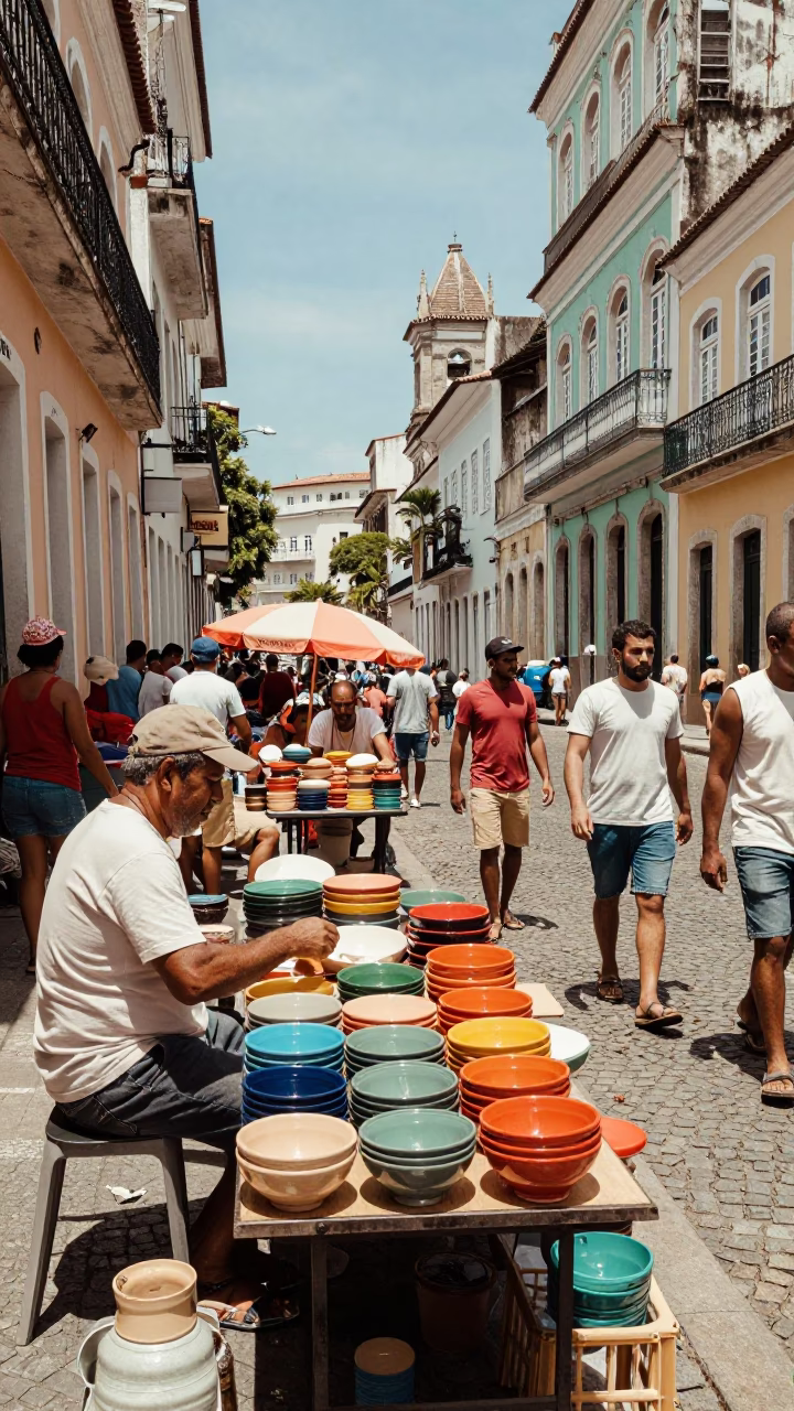 Busy Salvador Brazil Noon Street Scene with Vintage 1970s Details and Local Market Activity in in Salvador, Brazil