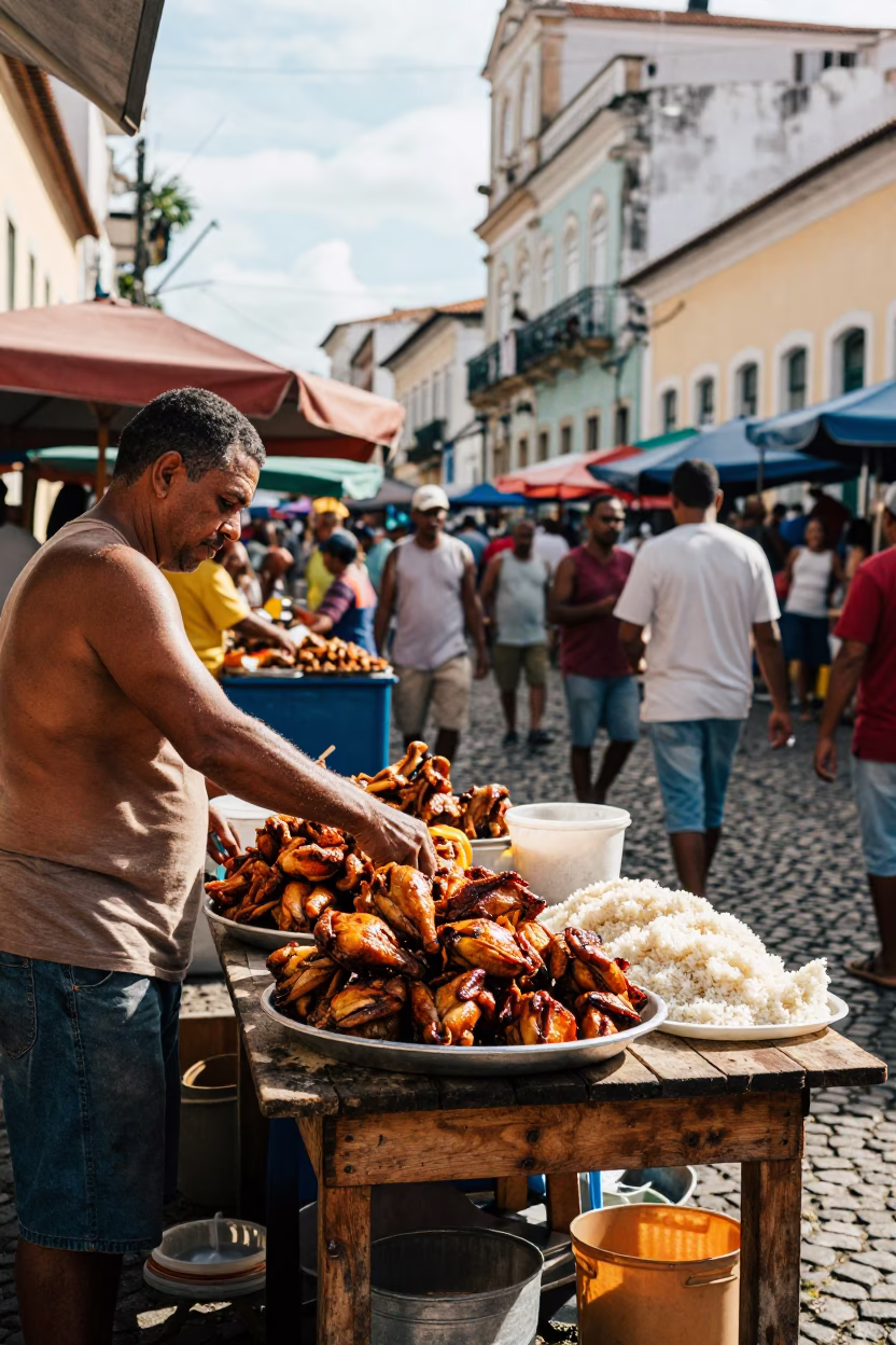 Busy Salvador Brazil Street Market Stall Late Morning 1990s Aesthetic in in Salvador, Brazil