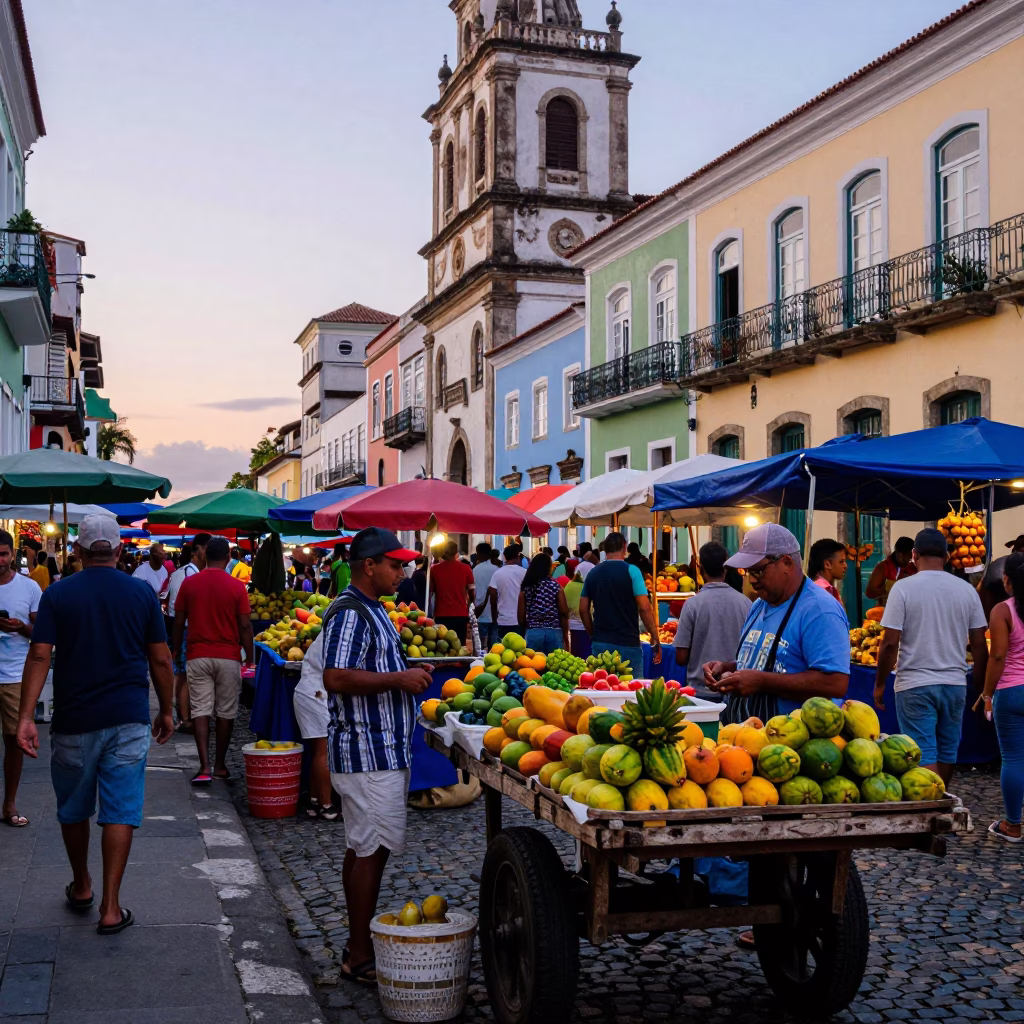 Busy Salvador Brazil Street Scene at Dawn with Local Market Activity and Colorful Architecture in in Salvador, Brazil