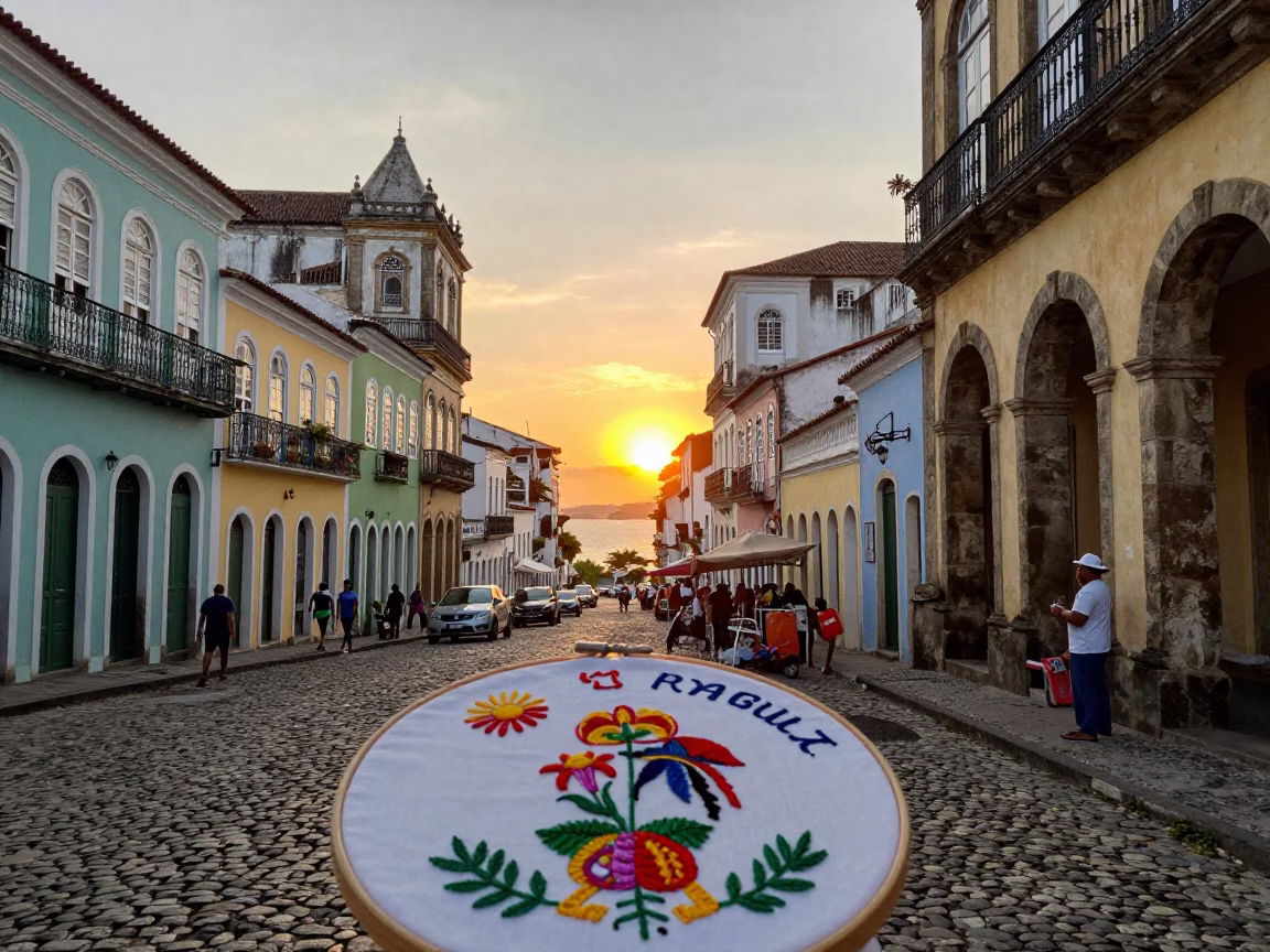 Busy Salvador Brazil Street Scene at Sunset with Embroidery Hoop Display in in Salvador, Brazil