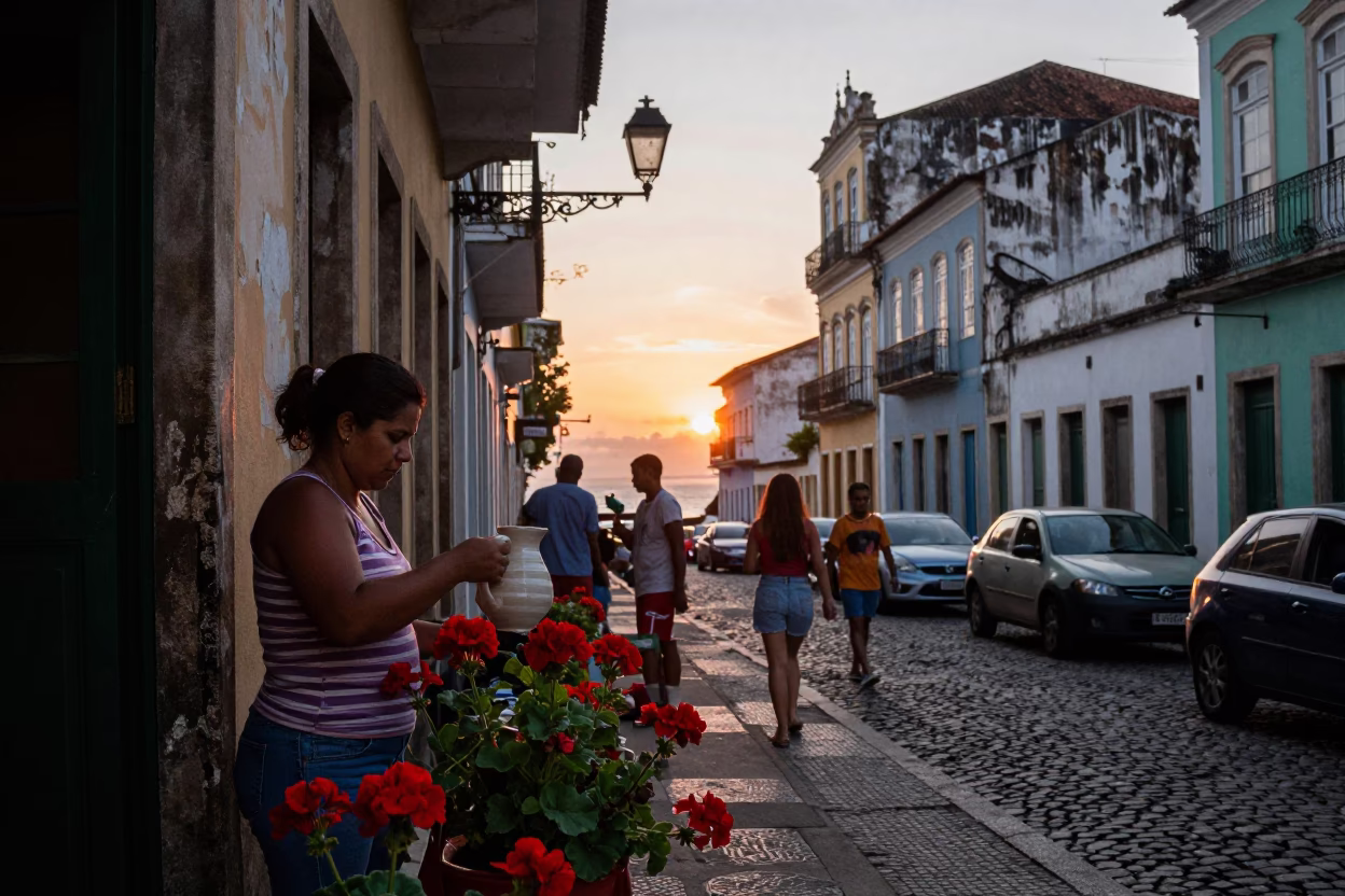 Busy Salvador Brazil Street Scene at Sunset with Hanging Air Plant and Geraniums in in Salvador, Brazil
