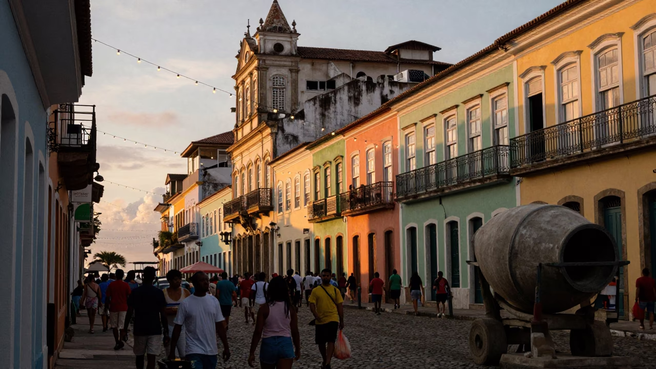 Busy Salvador Brazil Street Scene at Sunset with String Lights and Construction in in Salvador, Brazil