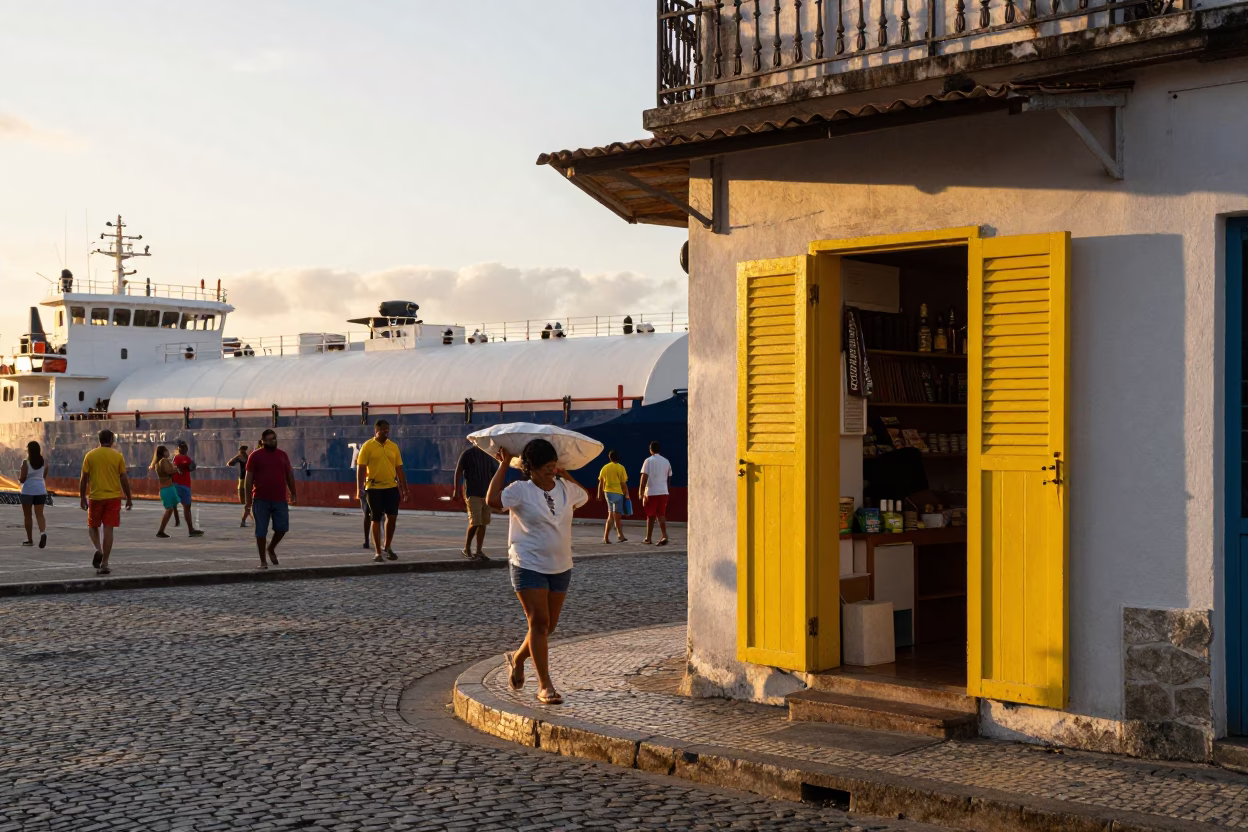 Busy Salvador Brazil street scene at sunset with tanker ship in background in in Salvador, Brazil