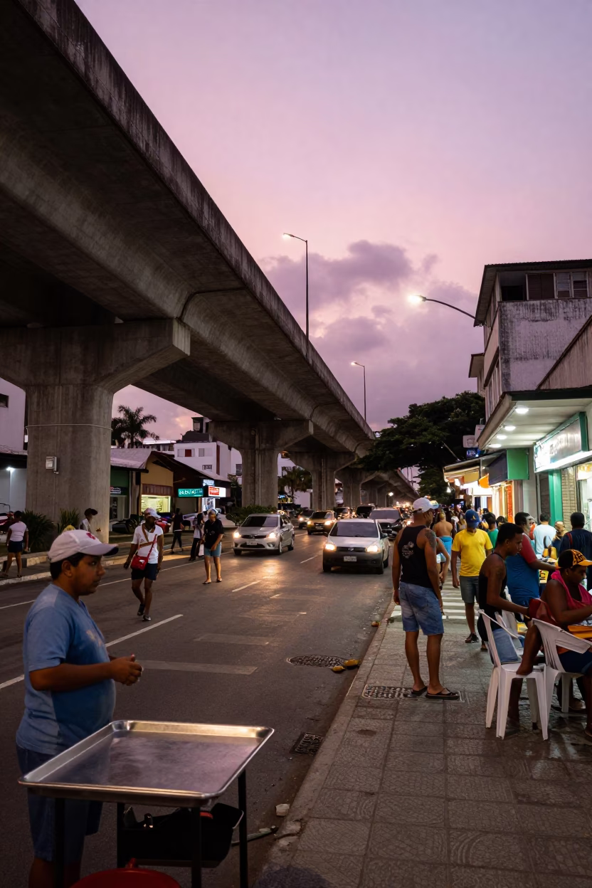 Busy Salvador Brazil Street Scene at Twilight with Highway Flyover and Local Market Activity in in Salvador, Brazil