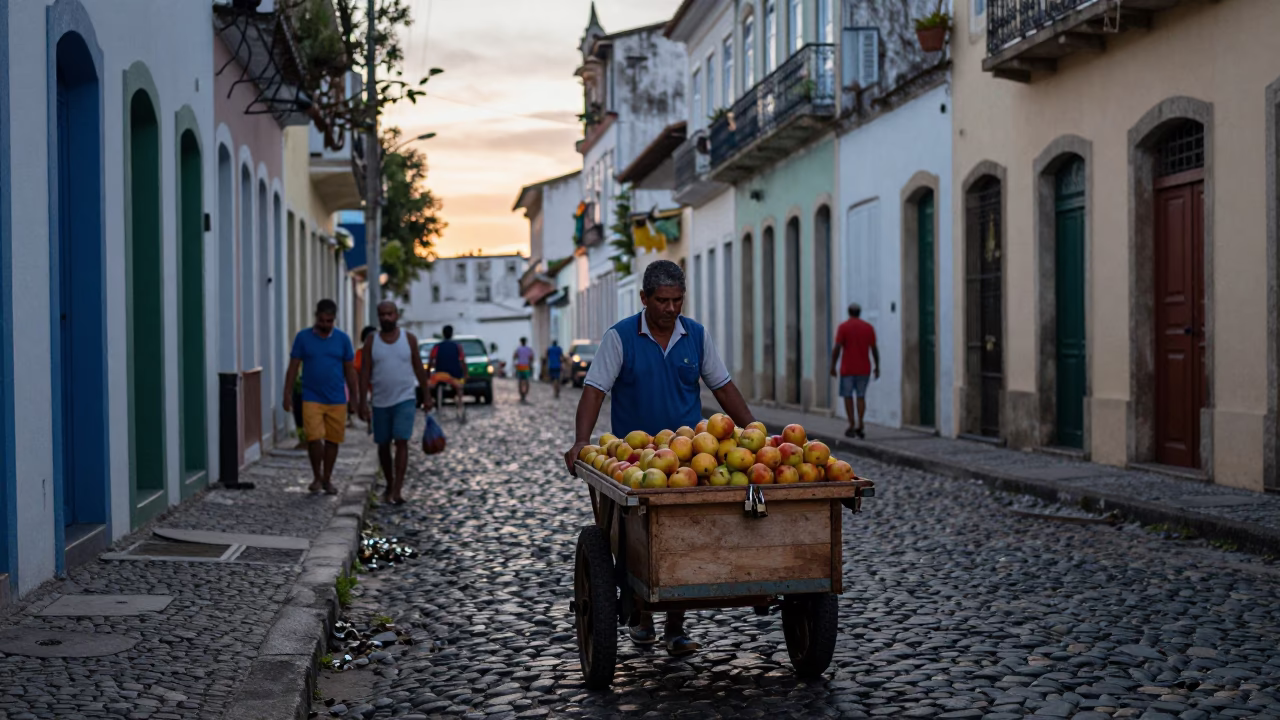 Busy Salvador Brazil Street Scene Before Sunrise With Padlock And Stone Architecture in in Salvador, Brazil
