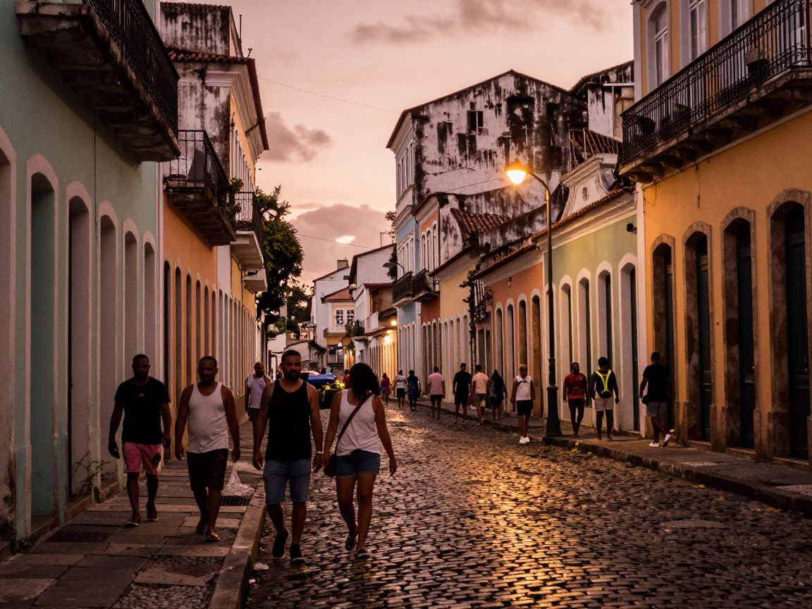 Busy Salvador Brazil Street Scene Copper Toned Light Before Dusk Local Life in in Salvador, Brazil