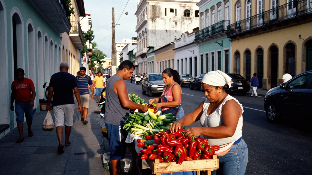Busy Salvador Brazil Street Scene Early Afternoon with Local Vendor and Water Hyacinth in in Salvador, Brazil