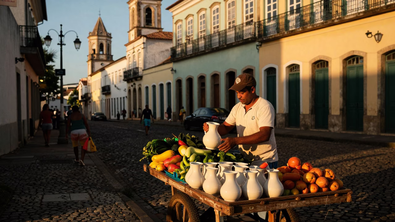 Busy Salvador Brazil Street Scene Honeyed Evening Light with Ceramic Pitcher and Broom in in Salvador, Brazil