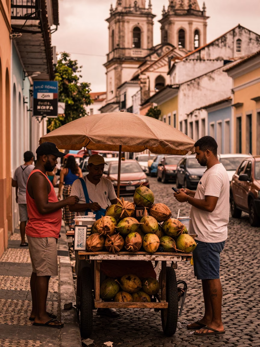 Busy Salvador Brazil Street Scene in Copper Toned Light Before Dusk in in Salvador, Brazil