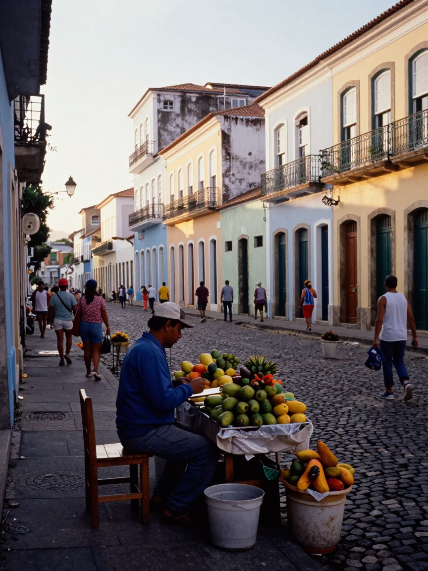Busy Salvador Brazil Street Scene Just After Sunrise with Local Vendor and Wooden Chair in in Salvador, Brazil
