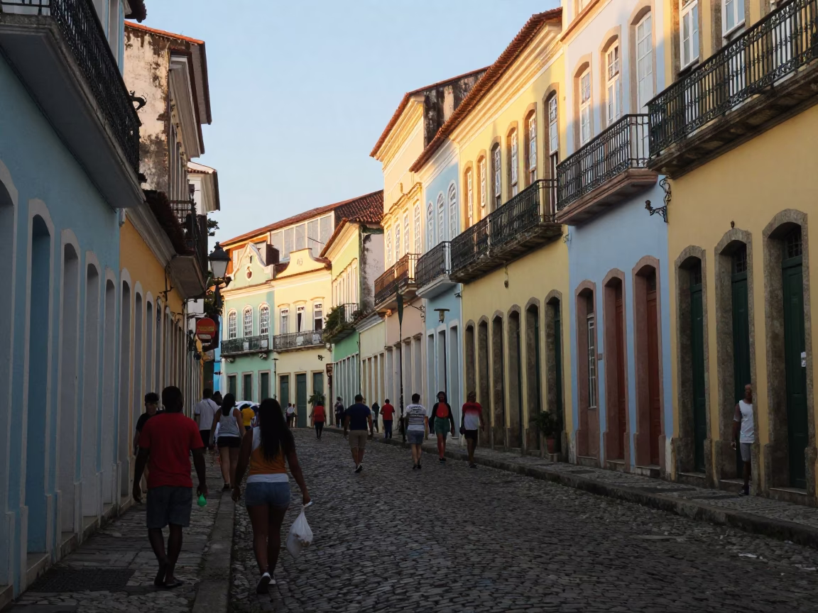 Busy Salvador Brazil Street Scene Late Afternoon Light with Cobblestones and Local Life in in Salvador, Brazil