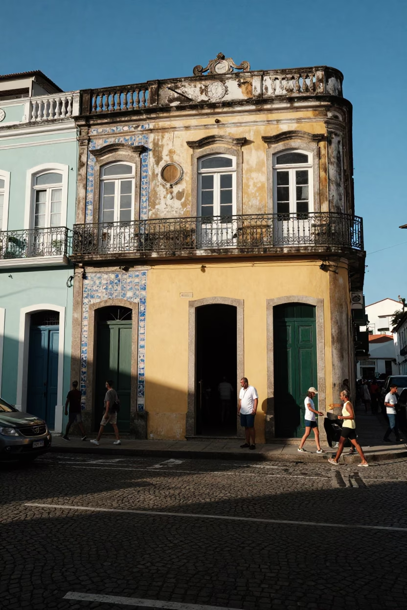 Busy Salvador Brazil Street Scene Late Afternoon Light with Polished Brass Hinge Detail in in Salvador, Brazil