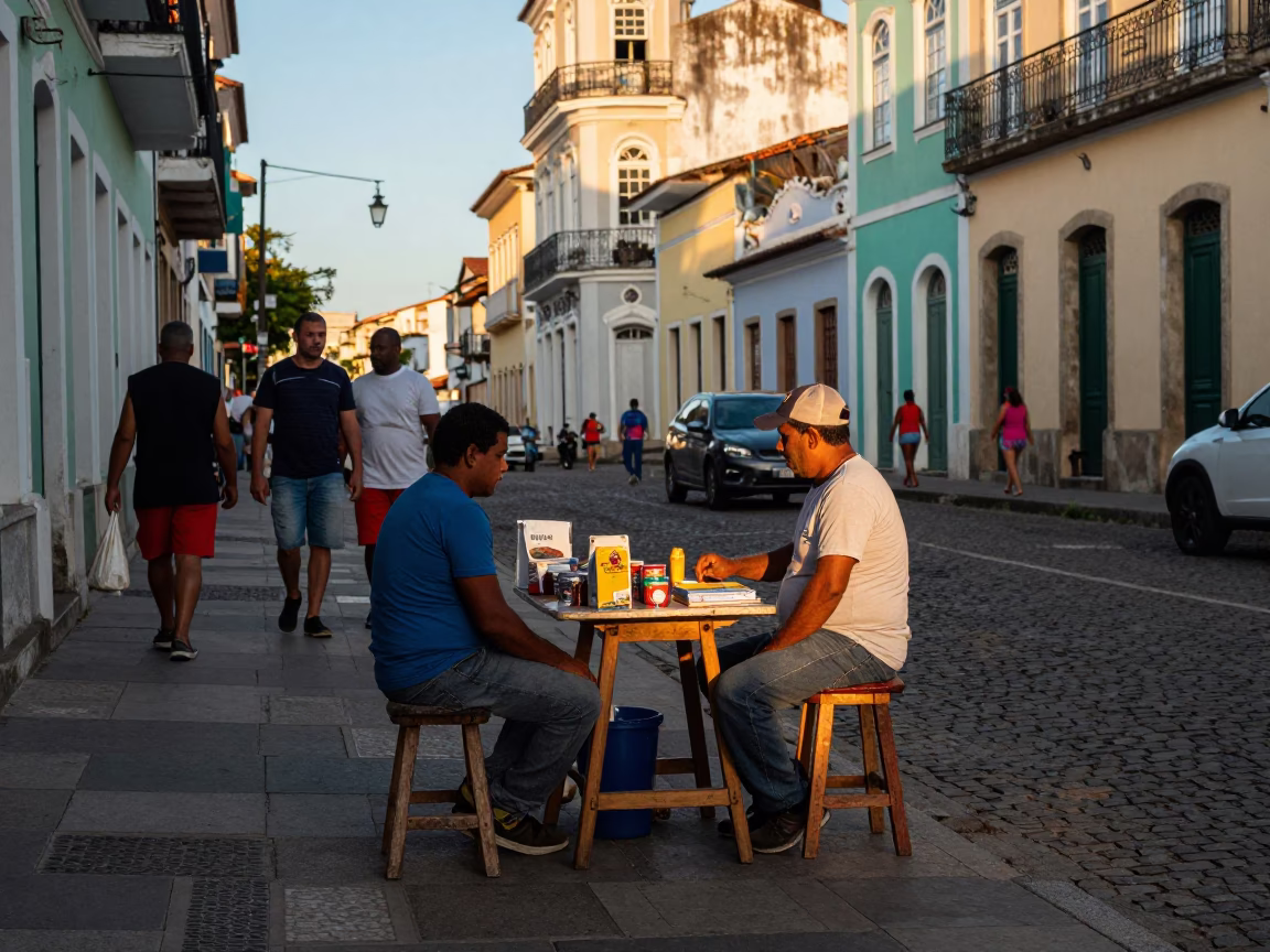 Busy Salvador Brazil Street Scene Late Afternoon Light with Stool and Corkscrew in in Salvador, Brazil