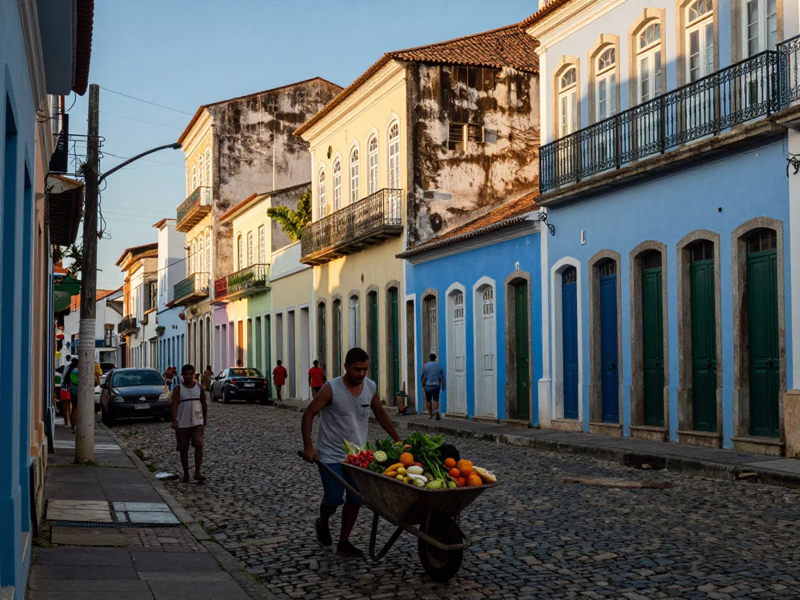 Busy Salvador Brazil Street Scene Late Afternoon Light with Wooden Sailboat in in Salvador, Brazil