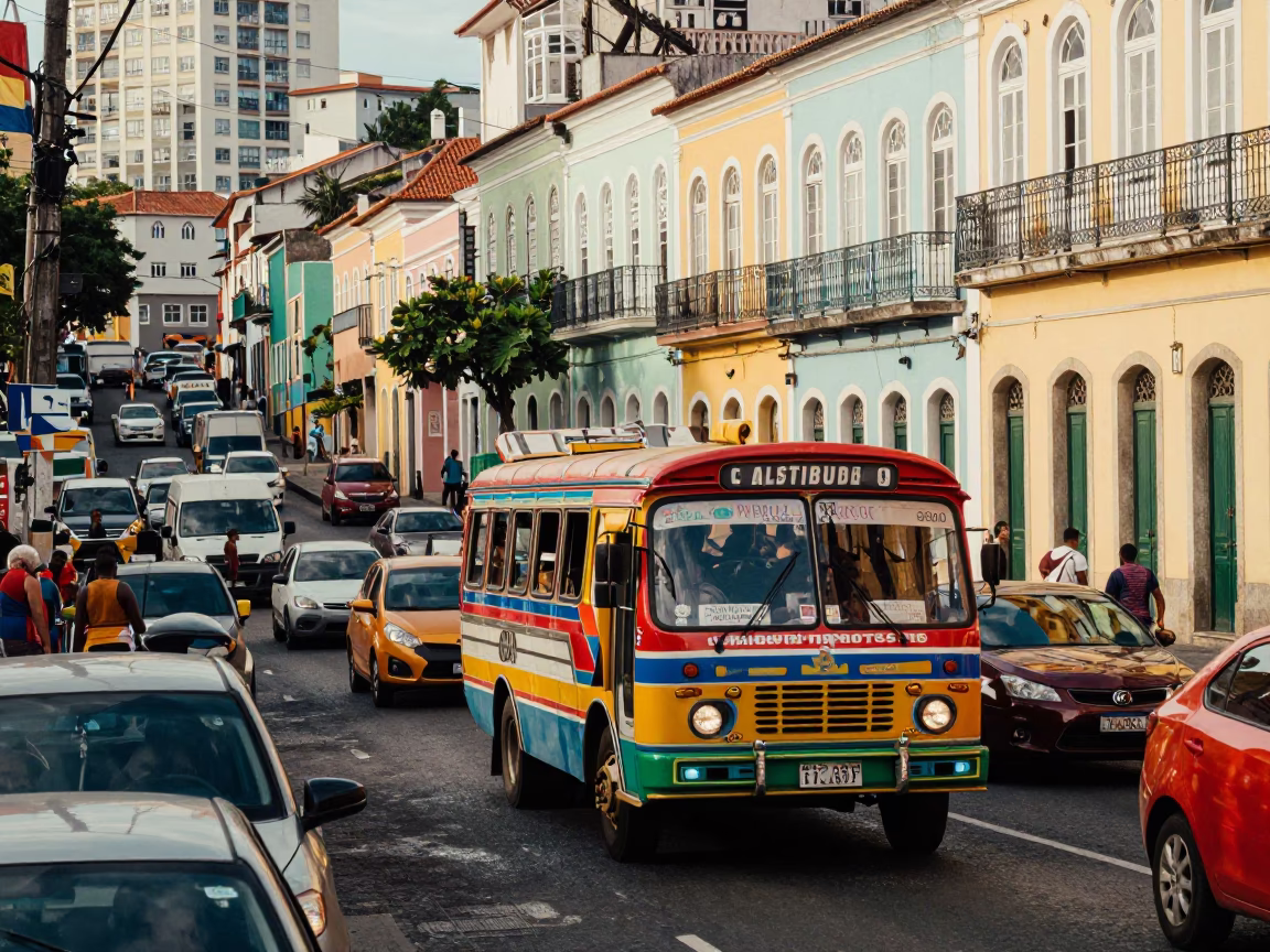 Busy Salvador Brazil Street Scene Late Morning 1980s with Colorful Matatu Minibus in in Salvador, Brazil