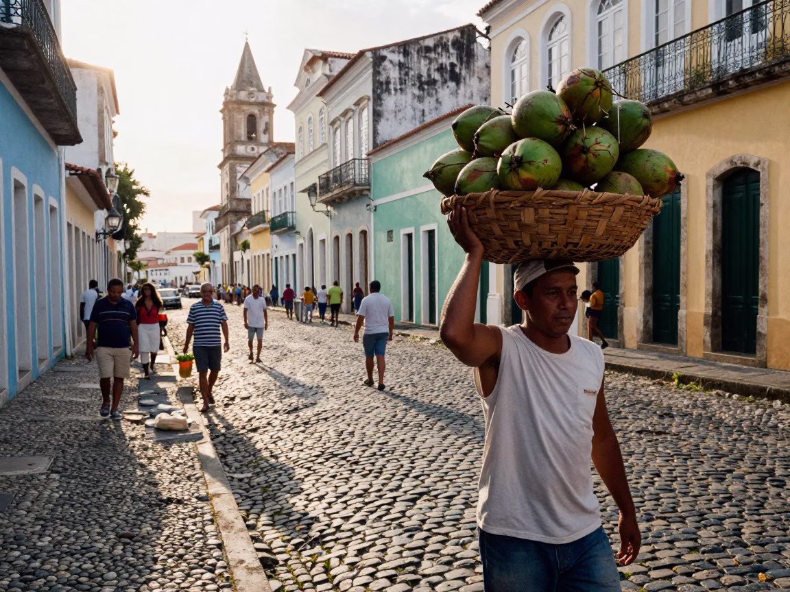 Busy Salvador Brazil Street Scene Late Morning with Coconuts and Local Market Activity in in Salvador, Brazil