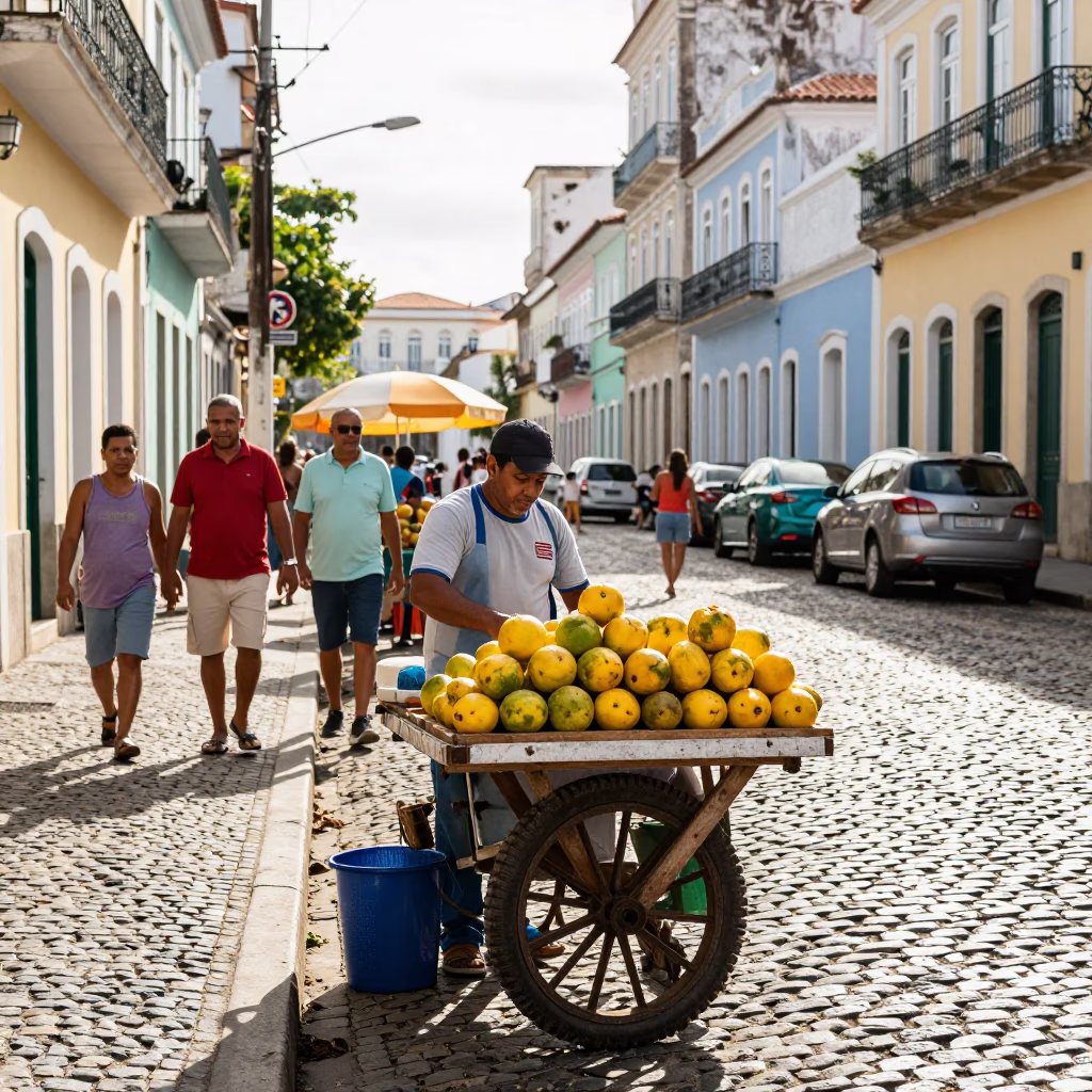 Busy Salvador Brazil Street Scene Late Morning with Local Vendor and Pedestrians in in Salvador, Brazil