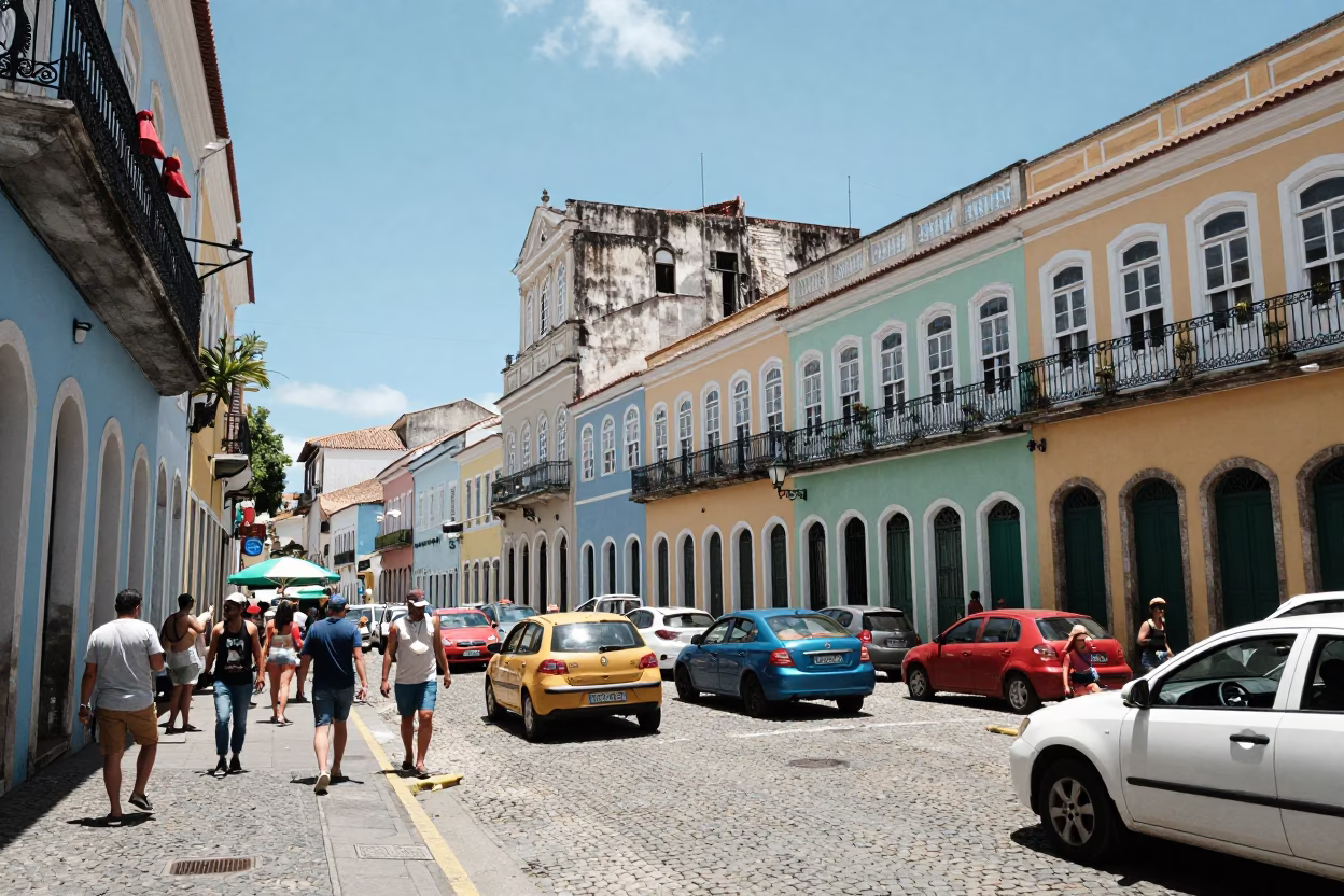 Busy Salvador Brazil Street Scene Midday with Colorful Architecture and Local Activity in in Salvador, Brazil