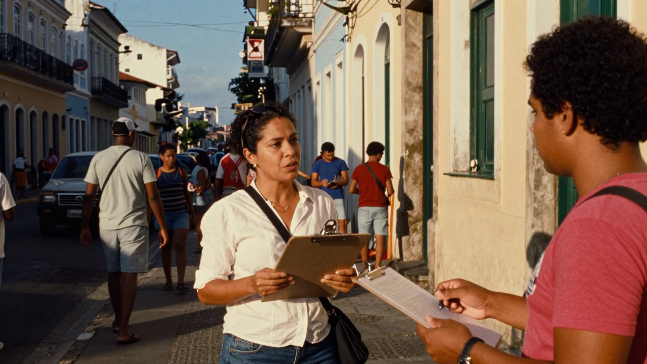 Busy Salvador Brazil Street Scene with Clipboard in Late Afternoon Light in in Salvador, Brazil