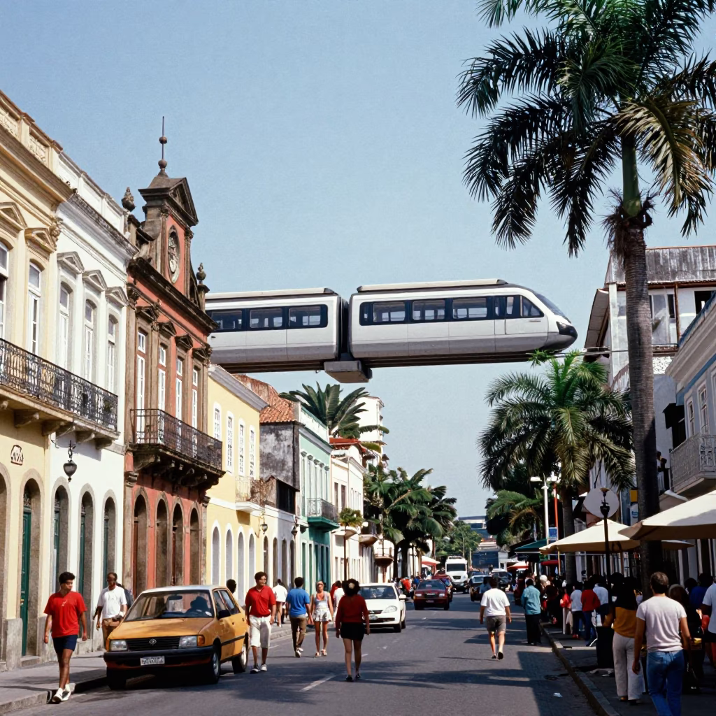 Busy Salvador Brazil Street Scene with Monorail and Palm Trees at Midday in in Salvador, Brazil