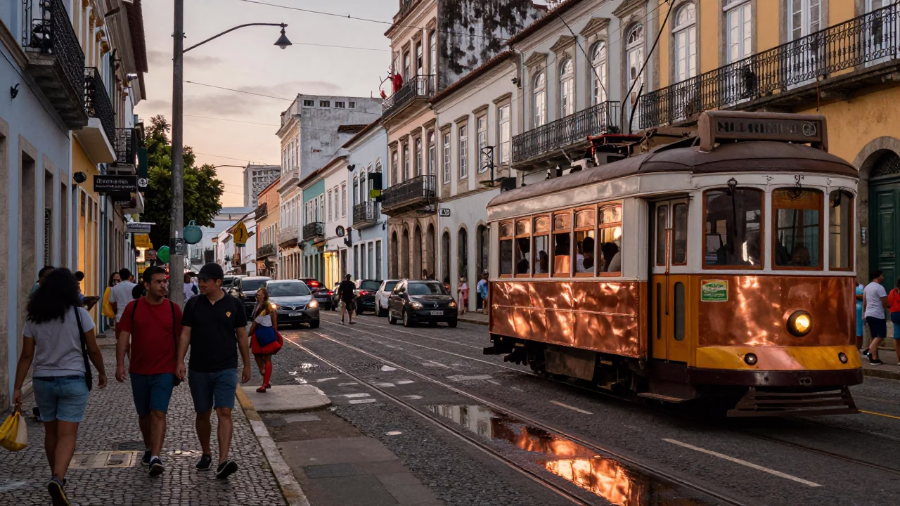 Busy Salvador Brazil Street Scene with Tramcar Reflection in Copper Dusk Light in in Salvador, Brazil