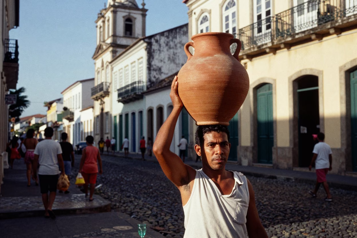 Busy Salvador Street Corner with Clay Pot and Glass Tumbler in Late Afternoon Light in in Salvador, Brazil