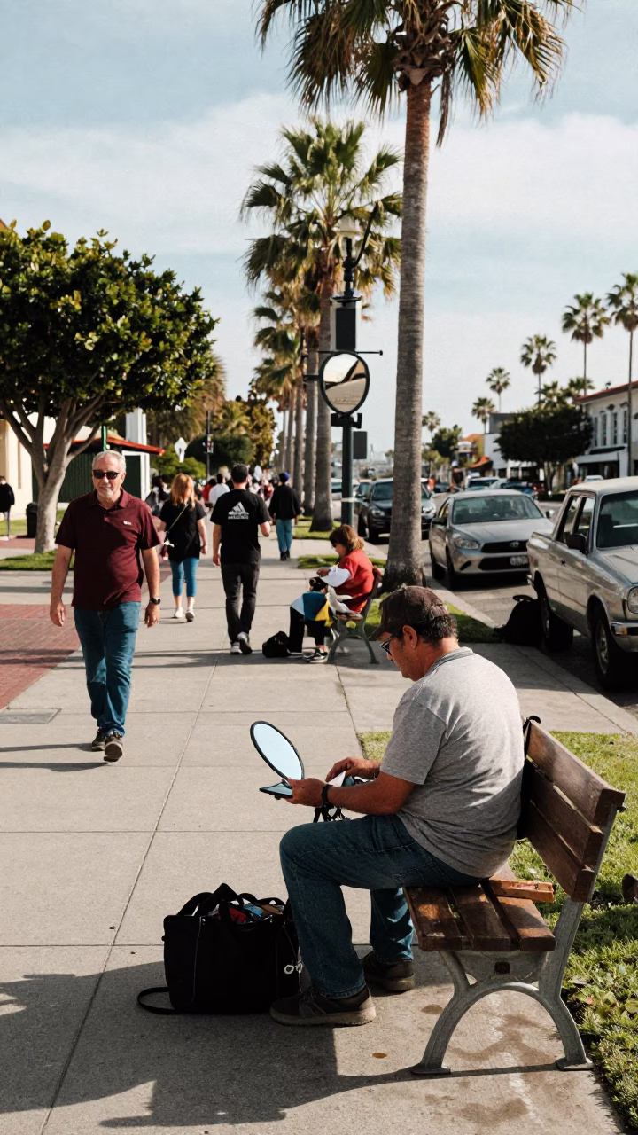Busy San Diego Balboa Park Street Scene with Hand Mirror and Sketchbook in in San Diego, California, United States