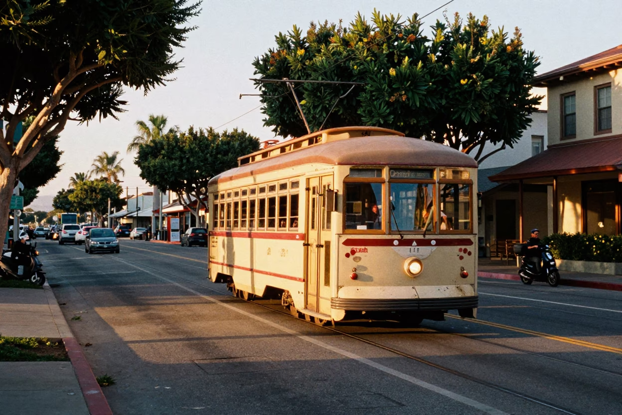 Busy San Diego Boulevard Tramcar and Scooter at Early Evening Sunset in in San Diego, California, United States