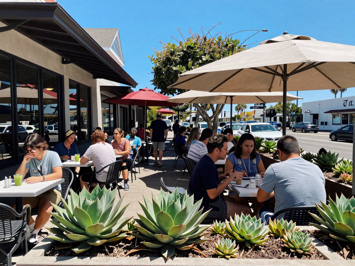 Busy San Diego Cafe Patio Under Noon Sun With Succulents And Condensation in in San Diego, California, United States
