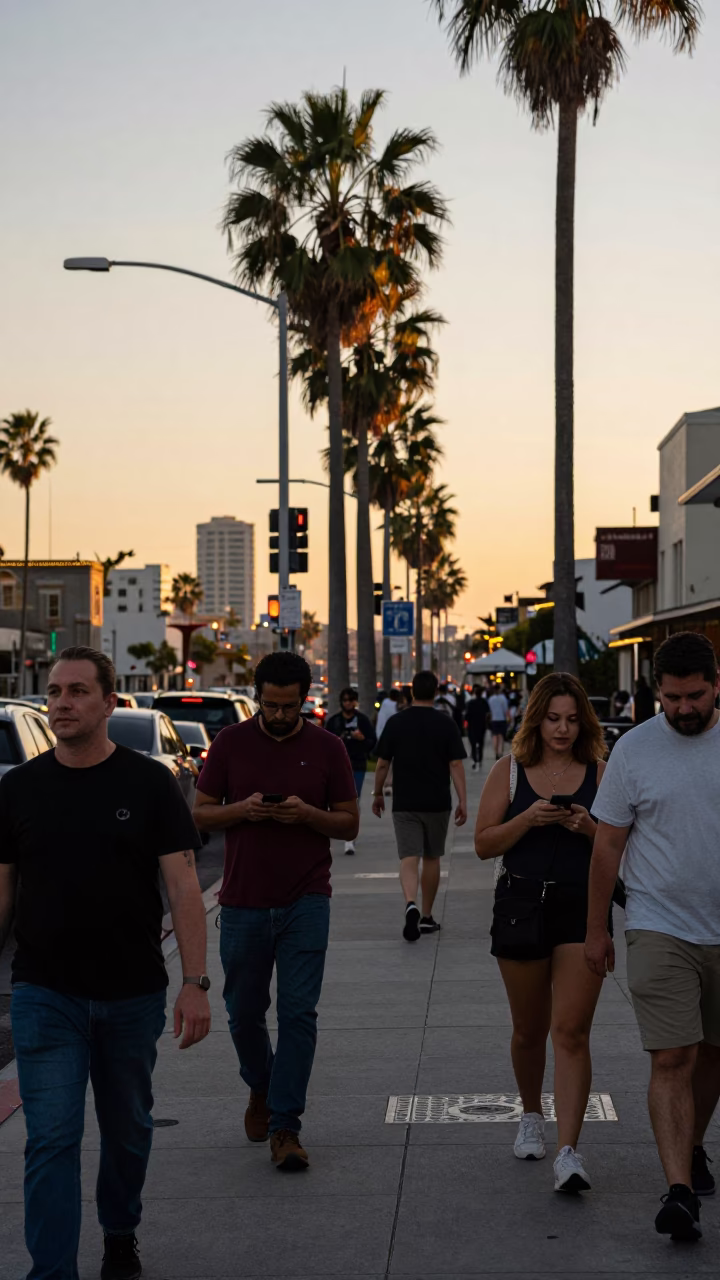 Busy San Diego Evening Street Scene with Pedestrians and Urban Architecture in in San Diego, California, United States