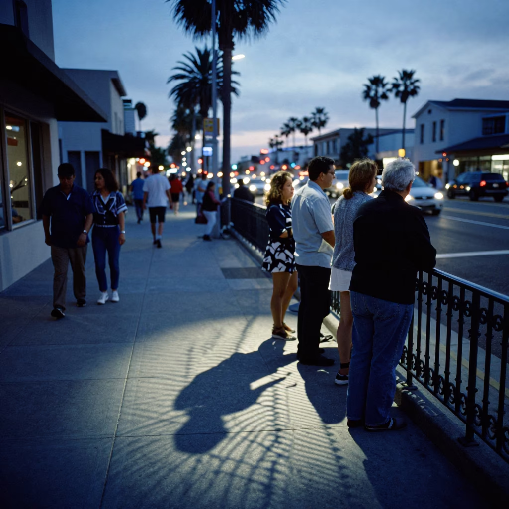 Busy San Diego Evening Street Scene with Wicker Shadow on Rail in in San Diego, California, United States