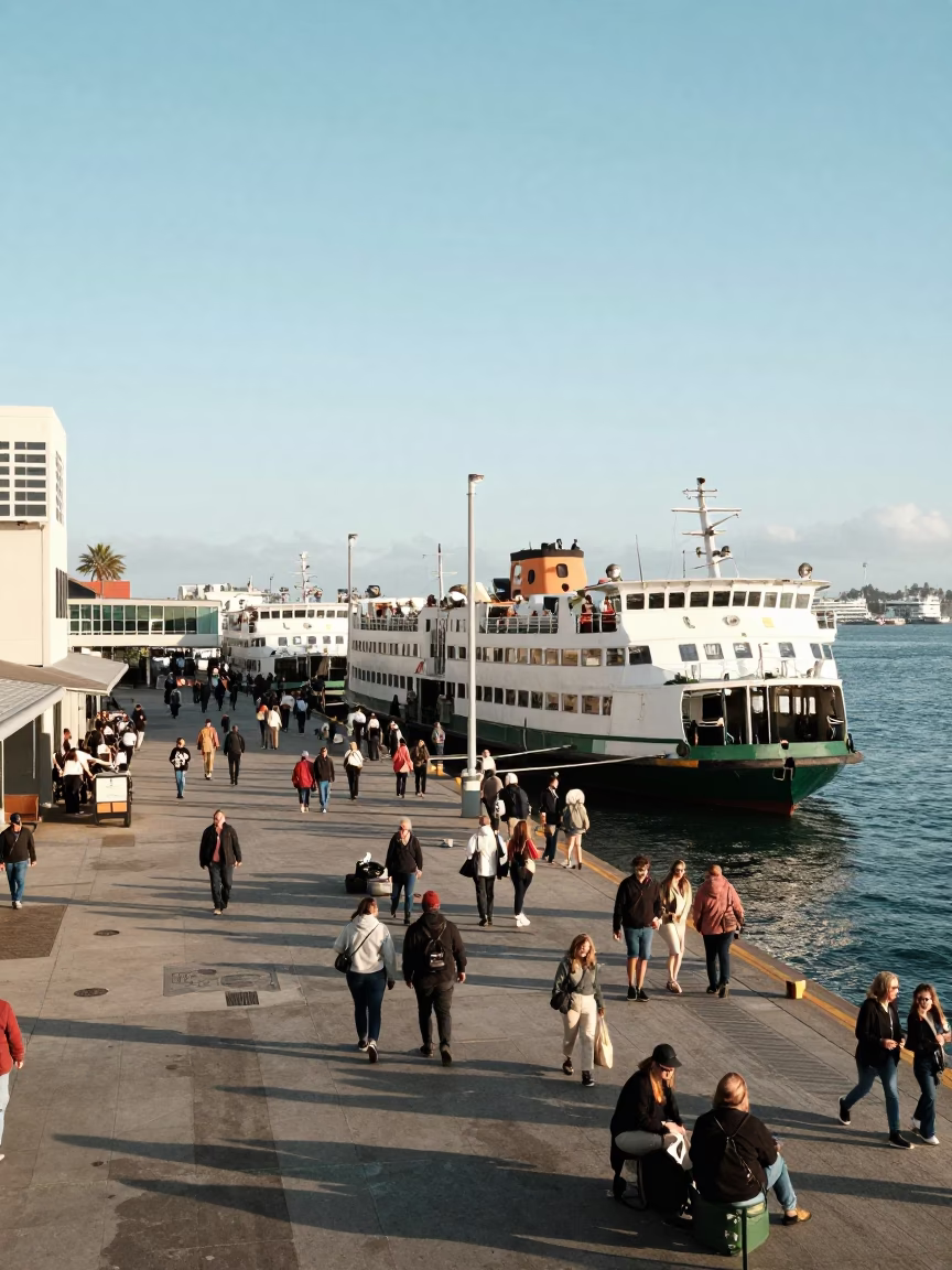 Busy San Diego Ferry Dock in Bright Midmorning Light with Heliconia and Fruit Crate in in San Diego, California, United States