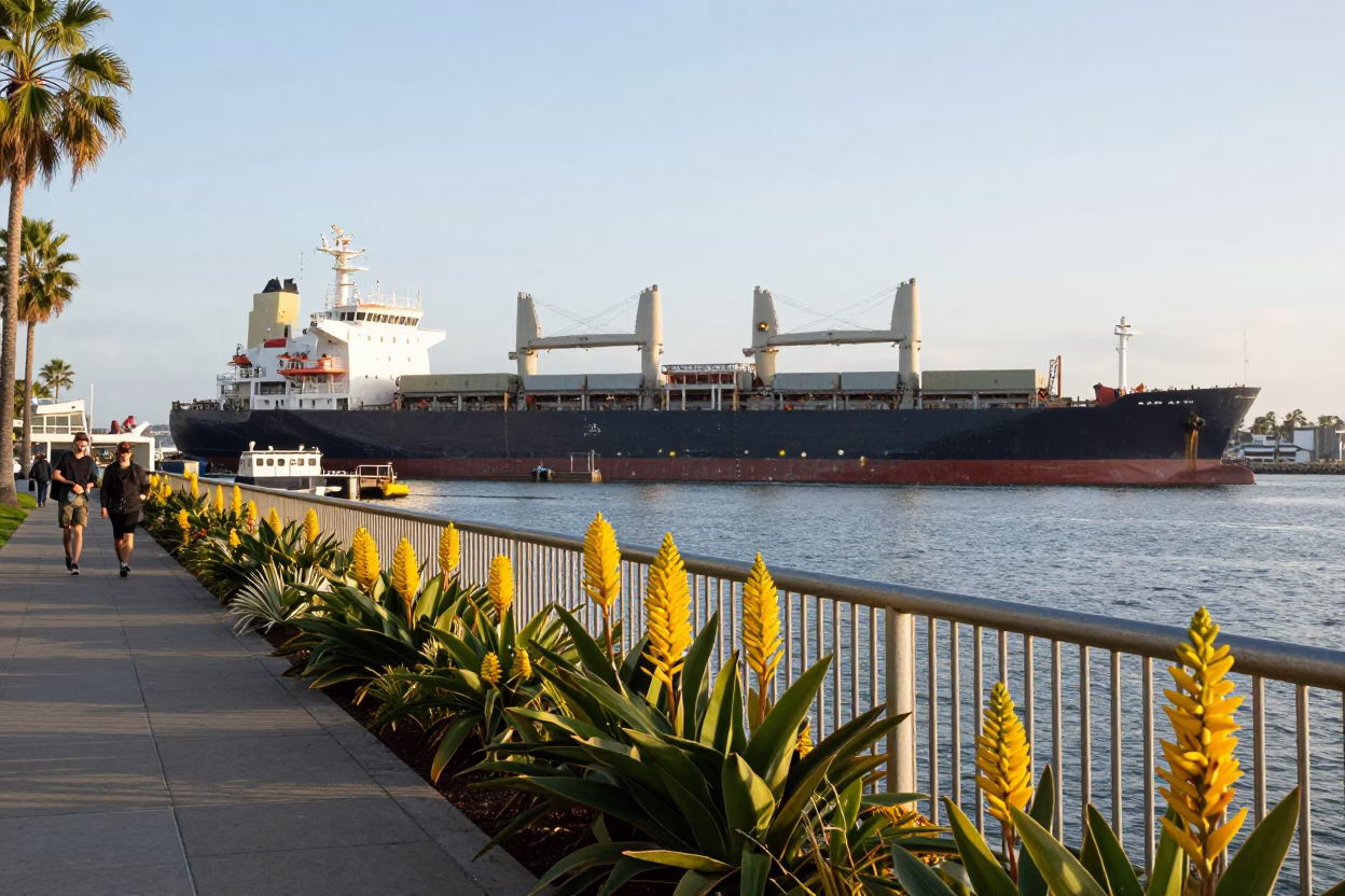 Busy San Diego Harbor Afternoon with Cargo Ship and Heliconia Flowers in in San Diego, California, United States