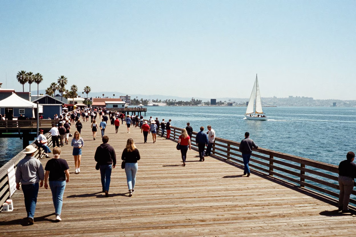 Busy San Diego Harbor Scene with Sailboat Running Downwind in Bright Midmorning Light in in San Diego, California, United States